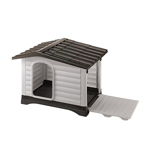 Image of Ferplast Dog Villa Indoor and Outdoor Dog House for Small Dog Breeds, Measures 28.75L x 23.23W x 20.87H Inches, Ventilated with Patented Fold-Out Porch, Cream with Dark Brown Bottom, Part # 87253099