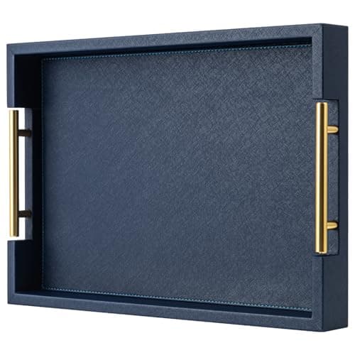 Image of Navy Blue Faux Leather Serving Coffee Tray with Gold Handles,Rectangle Decorative Trays for Home Decor Large Ottoman Tray for Living Room