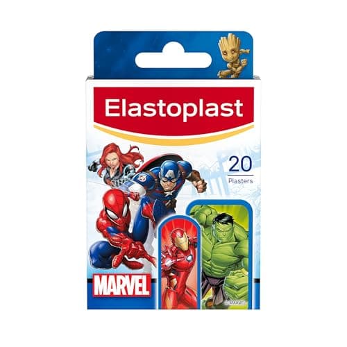 Image of Elastoplast Marvel Plasters, Assorted Sizes (20 Pieces), Coloured First Aid for Children, Kid’s Everyday use with Marvel Superhero Designs, Easy Removal and Skin-Friendly