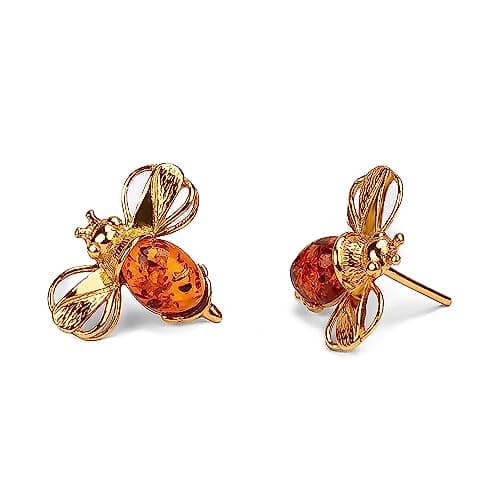 Image of HENRYKA Silver & Honey Amber Bumble-Bee Studs | 925 Sterling Silver & 24ct Gold Plate Honey Bee Gemstone Earrings | Cute Fashion Accessory & Jewellery Gift for Her & Women