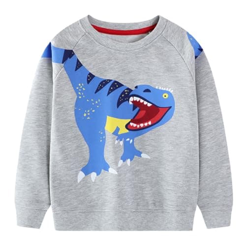 Image of FILOWA Kids Sweatshirt for Boys Cotton Crew Neck Sweater Grey Dinosaur Pattern Pullover Animal Print Jumper Warm Long Sleeve Spring Autumn Winter Casual Outdoor Top for Children 3-4 Years