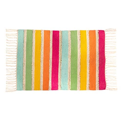 Image of Sass & Belle Rainbow Stripe Tufted Rug – Colourful Cotton Accent Mat with Tassels for Living Room, Hallway, Playroom or Kids Room – Decorative Boho Style Home Floor Covering
