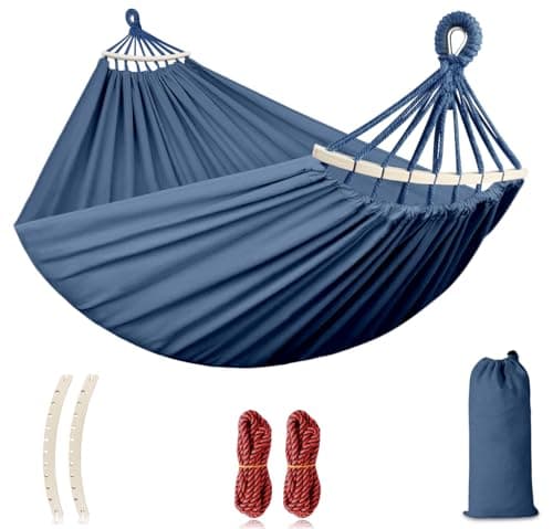 Image of MOSFiATA 275x155cm Hammock with Spreader Bars, Camping Hammock Outdoor, with Thickened Durable Canvas Fabric and Sturdy Metal Knot, 550 lb Load Capacity, for Backyard, Garden, Blue