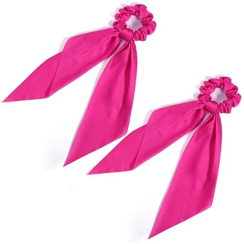 Image of Scrunchie with Bow 2 PCS Pink Hair Ribbon Scrunchie Hairs Scarf Scrunchies with Bows Ponytail Scarf Knotted Bow Silk Hairs Ties Satin Ribbon Scrunchy for Women and Girls Thick Thin Long Hair