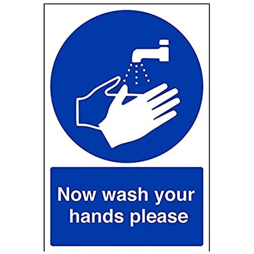 Image of V Safety Now Wash Your Hands Please Sign - Portrait - 200mm x 300mm - Self Adhesive Vinyl Blue