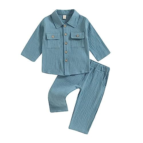 Image of XIXIMAON Toddler Boy 2 Pieces Cotton Linen Clothes Set Solid Color Long Sleeve Button Down Shirt Pants Set Summer Fall Outfits Set Baby Shower Clothes (Blue, 6-12 Months)