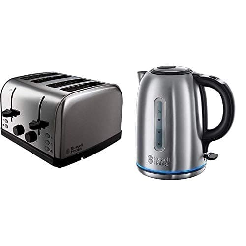 Image of Russell Hobbs Futura 4-Slice Toaster 18790 - Stainless Steel Silver & Hobbs 20460 Buckingham Quiet Boil Kettle, 3000 W, 1.7 Litre, Brushed Stainless Steel Silver