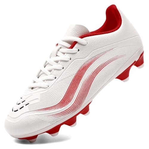 Image of GOGOUP Boys Football Boots Kids Girls Firm Ground Cleats Soccer Shoes Athletics Training Sport Shoes Teenager Profession Competition Futsal Shoes Indoor Outdoor Sneakers White Red UK2