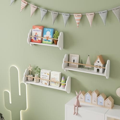 Image of AVC Designs Kids Wall Shelves Set of 3 Floating Shelves Kids Bookshelf Children’s Bookcase Wall Mounted Book Storage Unit Toy Organiser White (45/55/65x12.5x23cm)