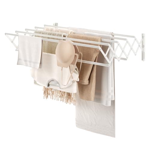 Image of YOUDENOVA Foldable Clothes Airer Wall Mounted Clothes Rail Retractable Towel Holder Bathroom Towel Rack Clothes Drying Rack Indoor Folding Strong Metal (White, L)