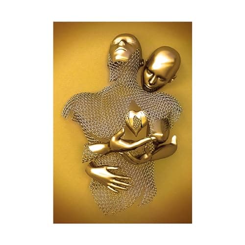 Image of 3D Wall Art Canvas Decor Romantic Wall Art Love Heart 3D Metal Sculpture Effect Decorations For Bedroom Living Room Hallway And Stairs, Large Size 30cm x 40cm (Gold, C)