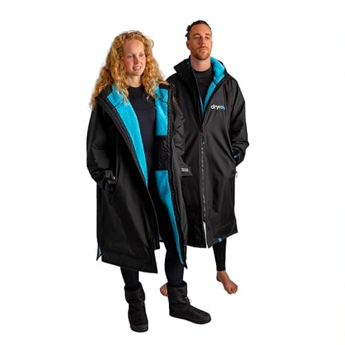 Image of Dryrobe Advance Waterproof Changing Robe - LONG SLEEVE Oversized Change Robe Coat with Fleece Lining - Hooded Jacket for Beach, Wild Swimming, Surfing Adult XL - Black/Blue