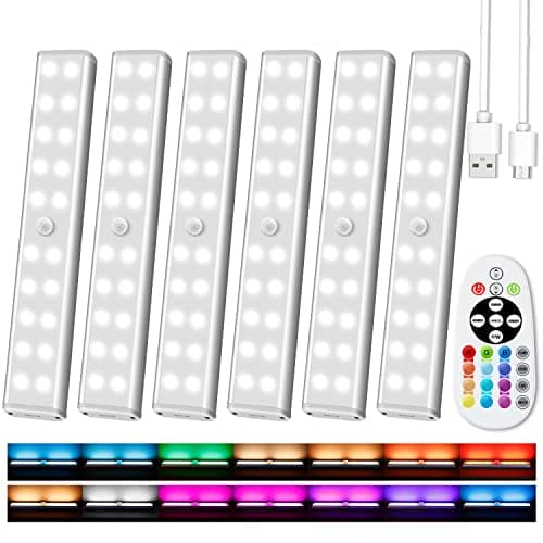 Image of Under Cabinet Lighting Wireless with Remote, 48 LED Rechargeable Under Cabinet Lights, Kitchen Counter Lights Dimmable LED Closet Lights RGB Bar for Shelf, Car, Hallway, 15 Color Changing, 6 Pack