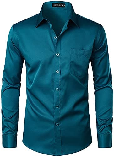 Image of PARKLEES Men's Urban Stylish Casual Business Slim Fit Long Sleeve Button Up Dress Shirt with Pocket Teal L