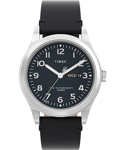 Image of Timex Men's Waterbury 39 mm Watch - Black Leather Two-Piece Quick Release Strap Black Dial Stainless Steel Case TW2W14700