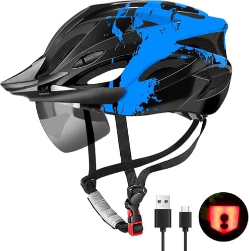 Image of RaMokey Bike Helmet for Men and Women, Lightweight Cycle Helmet with LED Light Magnetic Goggle Sun Visor, Mountain & Road Bicycle Helmets for Adult Cycling Adjustable Size 57-62cm (Blue)