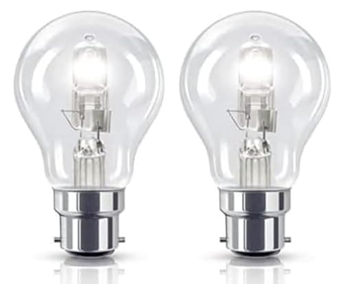 Image of 2 Pack 70W=(100W Eqv) Eco Classic B22 B22D Bayonet Cap Traditional Bulbs, 100% Dimmable, 1200 Lumen, 2700K Warm White, AC 230V, A19, Instant On, GLS Round, for Lamps, Pendants, Wall Lights