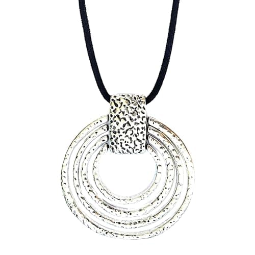 Image of ASTER ALHELÍ - Long Necklace Spiral Silver Pendant for Women - Concentric Circles Necklace with Black Suede Cord - Long Pendant Adjustable Height