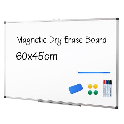 Image of XIWODE Magnetic Whiteboard 60 X 45 cm Dry Erase White Board for Wall with Pen Tray, Aluminium Frame and Dry-Wipe Writing Surface for School, Home and Office