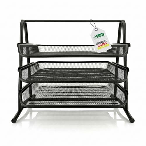 Image of D.RECT KOMO 3-Tier Desk File Organizer – A4 Document Tray with Pull-Out Shelves – Sturdy Metal Mesh Letter Tray with Non-Slip Feet – 350×297×275 mm, Black