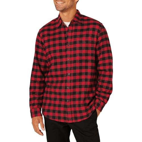Image of Amazon Essentials Men's Long-Sleeved Flannel Shirt, Black Red Buffalo Plaid, M