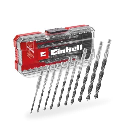 Image of Original Einhell S-CASE 10-Piece Wood Drill Bit Set (Double-Spiral, Made of Roll-Rolled C45 Tool Steel, E 6.3 Shank, 3-Point Ground Joint, Centring Tip incl. Storage Box)