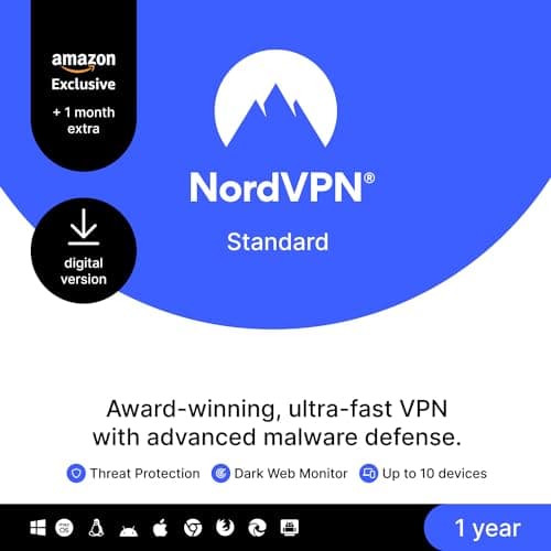 Image of NordVPN Standard, Amazon Exclusive, 10 Devices, 1-Year + 1 Extra Month, Digital Code