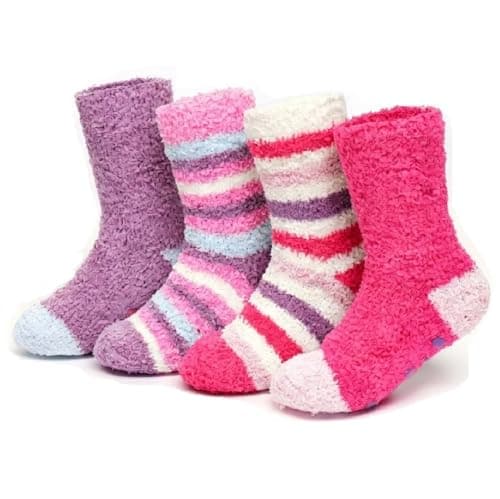 Image of OnlyBee 4 Pairs of Gils Kids Fluffy Thermal Socks with Non-Skid Slip Gripper Base Bed Sock Soft Fuzzy Cosy UK (UK, Age, 11 Years, 15 Years, Regular, Multicolour)