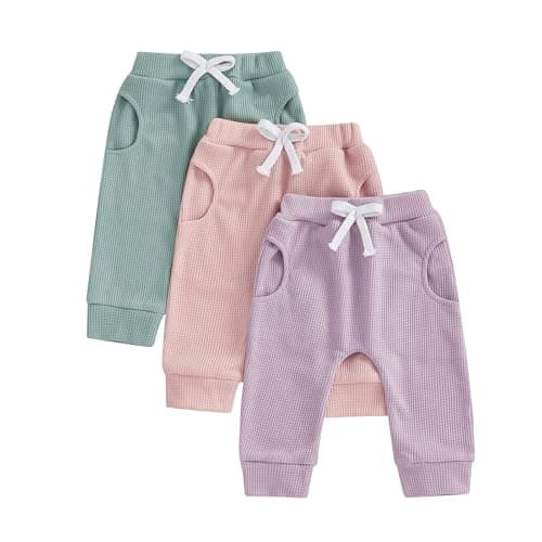 Image of Vioyavo Newborn Toddler Baby Girls 3 Pack Pants Set Spring Fall Solid Color Elastic Waist Waffle Trousers with Pockets (Green+Pink+Purple, 12-18 Months)