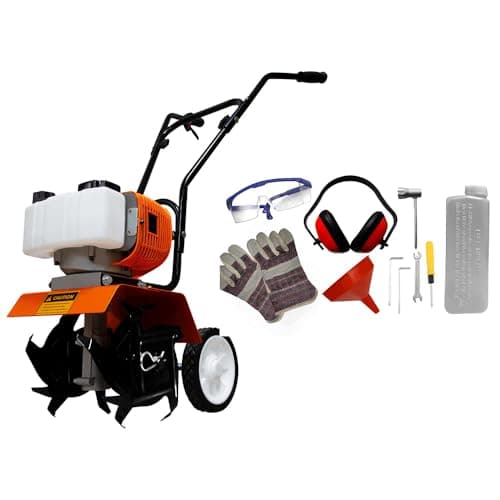 Image of Petrol Rotavator Cultivator 52CC 3HP Garden Tiller 1.65kW 4000RPM 30cm Width 20cm Depth Soil Tiller with 4 Steel Blades, PPE Safety Gear & Tool Kit Portable Lawn Cultivating Bundle
