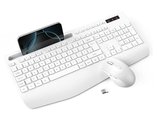 Image of Wireless Keyboard and Mouse Combo, Full-Size Ergonomic Keyboard with Wrist Rest, Phone Holder, Sleep Mode, Silent 2.4GHz Cordless Set for Computer, Laptop, PC, Mac, Windows - KM23 (White)