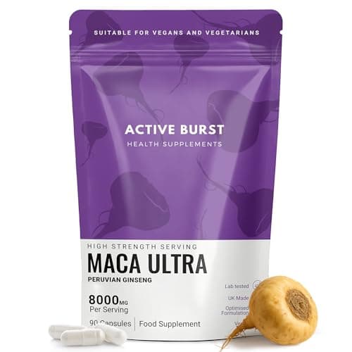 Image of MacaRoot Ultra – Maca Root Capsules 8000mg | Peruvian Ginseng 10:1 Extract | 1.6mg Macamides | Energy, Mood & Hormone Support | Vegan, UK Produced, Lab Tested | 90 Capsules | ActiveBurst Nutrition