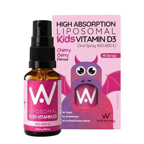 Image of WELL ACTUALLY Kids Liposomal Vitamin D3 Spray 400 IU - Vegan VIT D Spray for Children - Immune System, Bones & Teeth Support - High Bioavailability Supplement, 90 Sprays | Cherry Berry