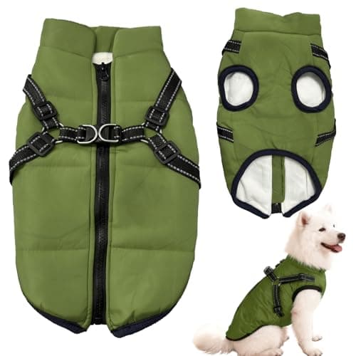 Image of Dog Coat Waterproof with Harness, Winter Warm Fleece Jacket for Medium Large Dogs, Reflective Windproof Puppy Snowsuit(Army Green-XL)