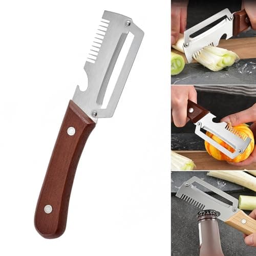 Image of Stainless Steel Vegetable Peeler with Wooden Handle 2-in-1 Fruit Potato Peeler with Bottle Opener Kitchen Quick Peeling Tool (Burlywood)
