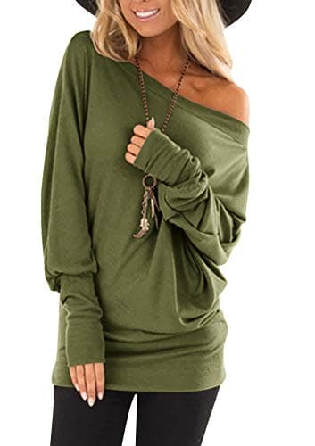 Image of Hiistandd Women's Off Shoulder Tops Shirts Baggy Batwing Top Shirts Jumper Tunic Knit Oversized Pullover Sweater T Shirt Casual Tunic Tops Blouse Green