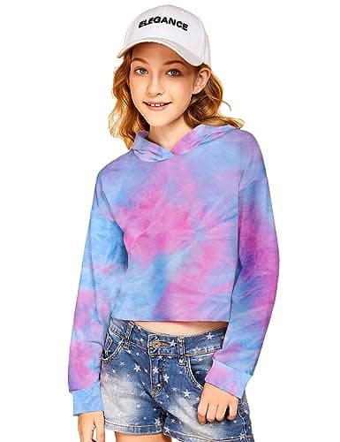 Image of Arshiner Crop Hoodie Girls Tie-dye Pullover Sweatshirts Casual Long Sleeve Cropped Top for Kids & Teenagers 5-6 Years 120 Gifts for Girls