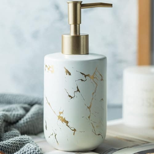 Image of Gold Soap Dispenser, Dish Soap Dispenser for Kitchen Liquid Soap Pump Dispenser for Shower, Ceramics Refillable Hand Soap Lotion Dispenser, Shampoo Lotions Bottle for Bathroom, 10.5 OZ (White).