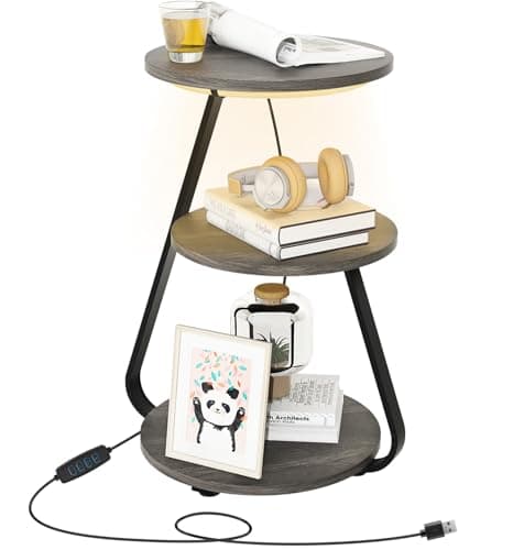 Image of ARTETHYS Side Table, Small Round Coffee Table with 3 Color LED Lights, End Table with 3 Tier Storage Shelves, Bedside Sofa Side Tables for Living Room Bedroom, Grey