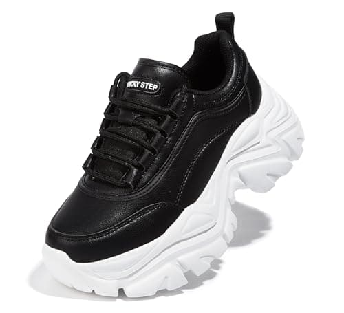 Image of LUCKY STEP Women Chunky Sneakers Fashion Platform Leather Casual Dad Shoes Comfortable Wedge Walking Sport Sneakers (Black/White, 8US-38EU-5UK)