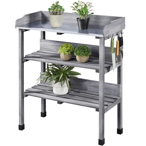 Image of Yaheetech Garden Potting Table, Wooden Germination Table Planting Work Station Bench with Hooks and Shelves for Patios/Courtyards, Grey