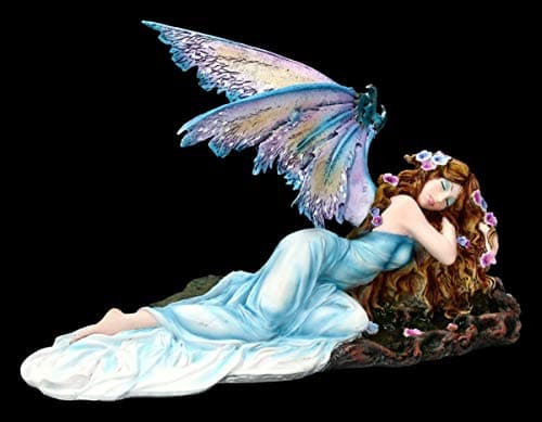 Image of Fairy Fantasy Figurine - Shila Sleeping on Tree Stump | Fairy Fairy Angel Decorative Figurine Statue Sculpture W 34 cm