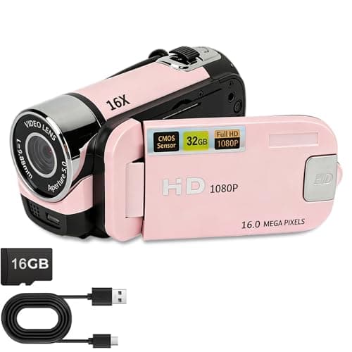 Image of Fulkued Camcorder Video Camera, 1080P 16MP DV Digital Camera, 2.4 Inch Recorder 270° Degrees, 16X Kids Vlogging Video Camer with Fill Light & 16GB SD Card for Travel Recording(Pink)
