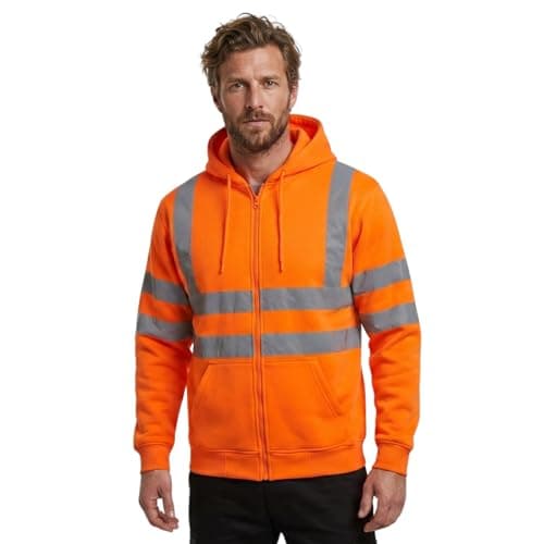 Image of Hi Vis Viz Zip Hoodie Fleece Jacket Men Full Zip High Visibility Workwear Sweatshirt Reflective Tape Safety Hooded Jumper Orange L