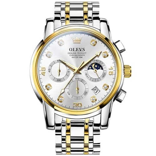 Image of OLEVS Mens Watches Gold Silver Stainless Steel Analog Quartz Men's Wrist Watch Big Face White Arabic Numerals Chronograph Watch for Men Waterproof Luminous with Date Moon Phase Watches for Men