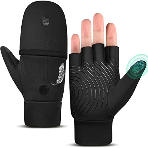 Image of Winter Running Fingerless Gloves Thermal - Men Warm Stretch Convertible Mittens Women Fleece Lined Non-Slip Half Finger Gloves with Black Ladies Sports Driving Flip Gloves for Cycling Walking S