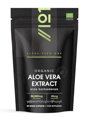 Image of Organic Aloe Vera Extract 50,000mg - Standardised 25mg Aloveros Supplement - 90 Vegan Capsules (3 Months Supply) - Resealable and Recyclable Pouch by Alpha01