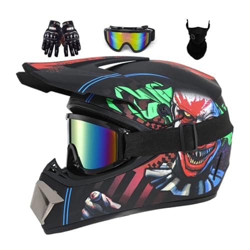 Image of Youth Kids Motocross Offroad Street Dirt Bike Helmet Full Face Motorcycle ATV Helmets with Goggles Gloves, Four Mountain Wheeler BMX MX UTV Racing ( Color : Black-