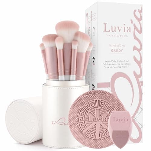 Image of Luvia Prime Vegan Pro Candy Make-Up Brush Set, 7 Makeup Brushes Including Brush Storage, Blender Sponge & Cleaning Mat for Cosmetic Brushes, Mother of Pearl & Pearl Pink