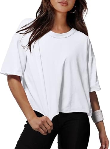 Image of XIEERDUO Cotton Gym Crop Tops for Women UK Short Sleeve Summer Casual T Shirts Loose Fit Sports Yoga Crewneck Ladies Tops White M